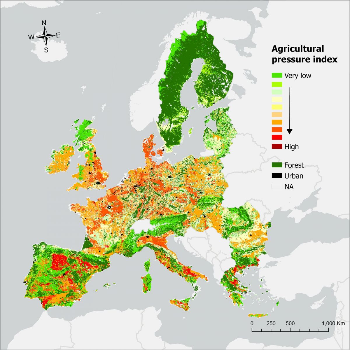 Kumulativer Index der landwirtschaftlichen Belastung, der die durchschnittliche Intensität der verschiedenen landwirtschaftlichen Belastungen der Gewässer in Europa klassifiziert.
