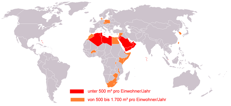 Karte der weltweiten geringsten Verfügbarkeit an sich erneuerndem Süßwasser pro Einwohner und Jahr.