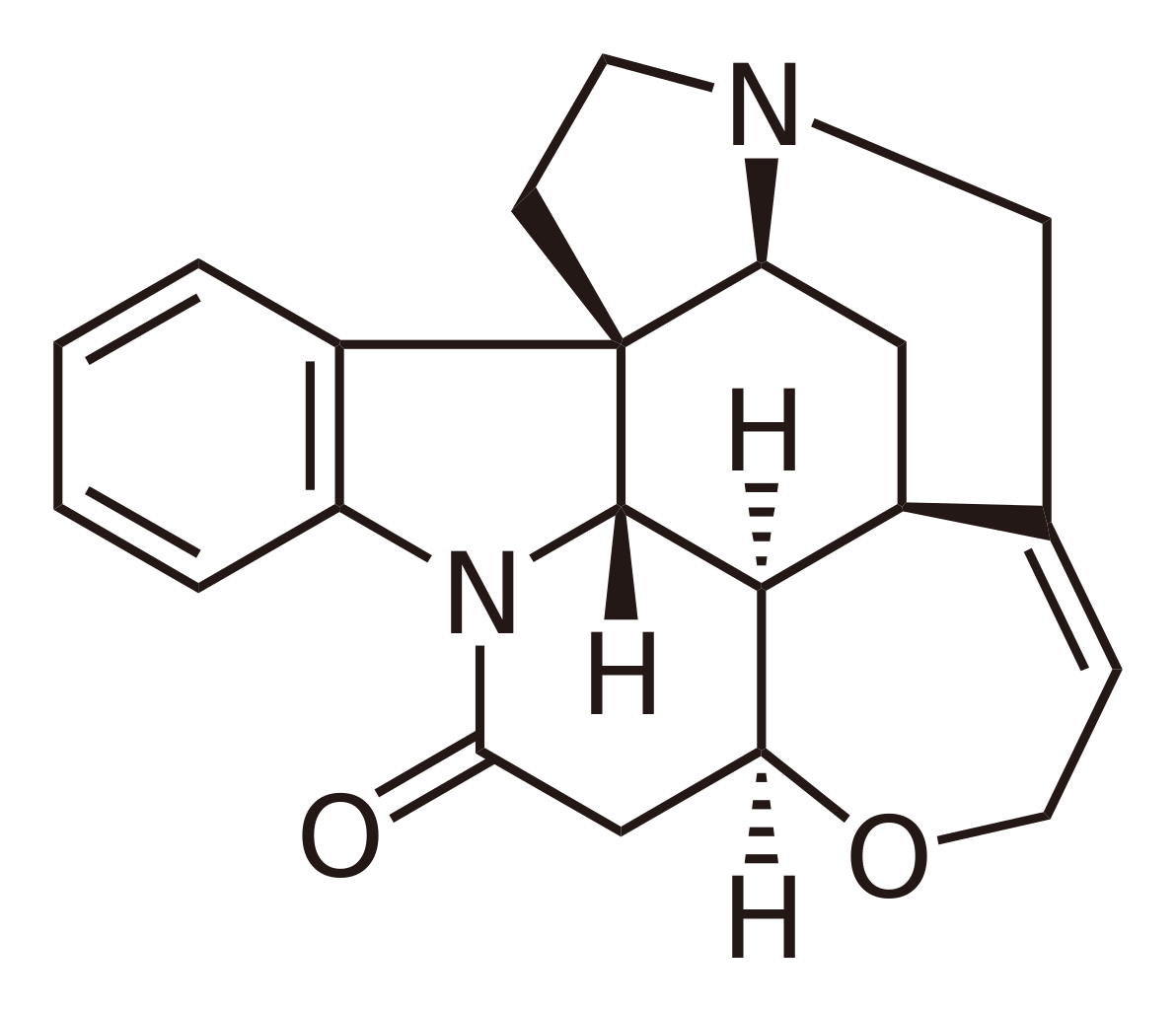 Die chemische Struktur von Strychnin. Krimi-Fans dürften das Alkaloid gut kennen, denn es ist hochgiftig.
