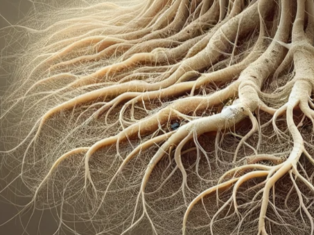 Pilzmycel um Pflanzenwurzeln.  Die symbiontischen Pilze bilden feine Fäden, die bis in die Wurzelzellen eindringen (Symbolbild).
