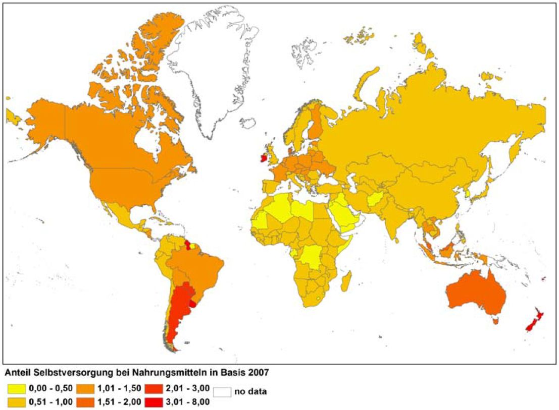Abb. 1: Anteil Selbstversorgung bei Nahrungsmitteln im Durchschnitt der Jahre 2006-2009, Faktor 1 bedeutet, dass ein Land genauso viele Nahrungsmittel erzeugt, wie es benötigt. (Quelle: Eigene Darstellung der Studie „Globale Analyse und Abschätzung des Biomasse-Flächennutzungspotentials“ der Universität Hohenheim nach Daten von FAOSTAT)