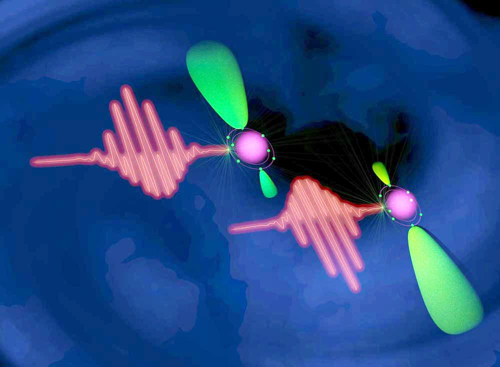 Schematische Darstellung des Experiments: Die Laserpulse (rote Wellen) kontrollieren die Elektronen (grün), die von Atomen (pink) abgegeben werden. (Bildquelle: © Maurizio Contran / Politechnikum Mailand)