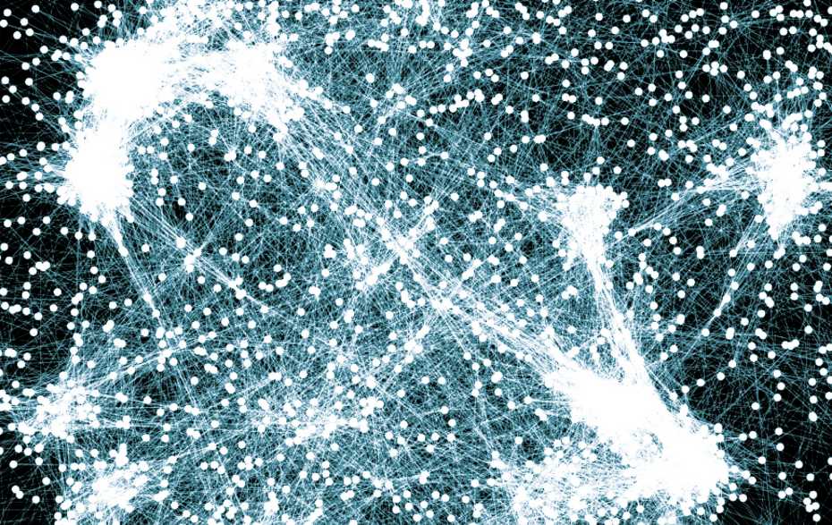 Jeder Punkt auf der Abbildung repräsentiert ein Gen, die Verbindungen ihre Interaktionen. Mit der neuen Methode lassen sich erstmals ganze Gennetzwerke in einem Schritt modifizieren. (Bildquelle: © ETH Zürich/Carlo Cosimo Campa)  