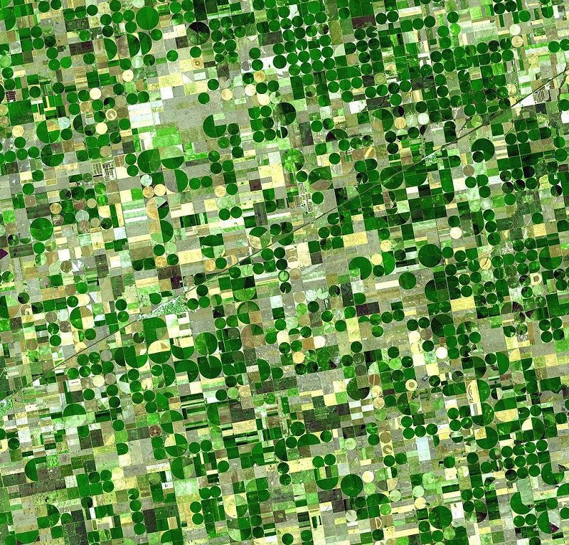 Durch Industrie und Landwirtschaft werden die globalen Grundwasservorräte stark belastet. Das Foto zeigt eine Luftbildaufnahme über künstlich bewässerten Landwirtschaftsflächen im US-Bundesstaat Kansas.