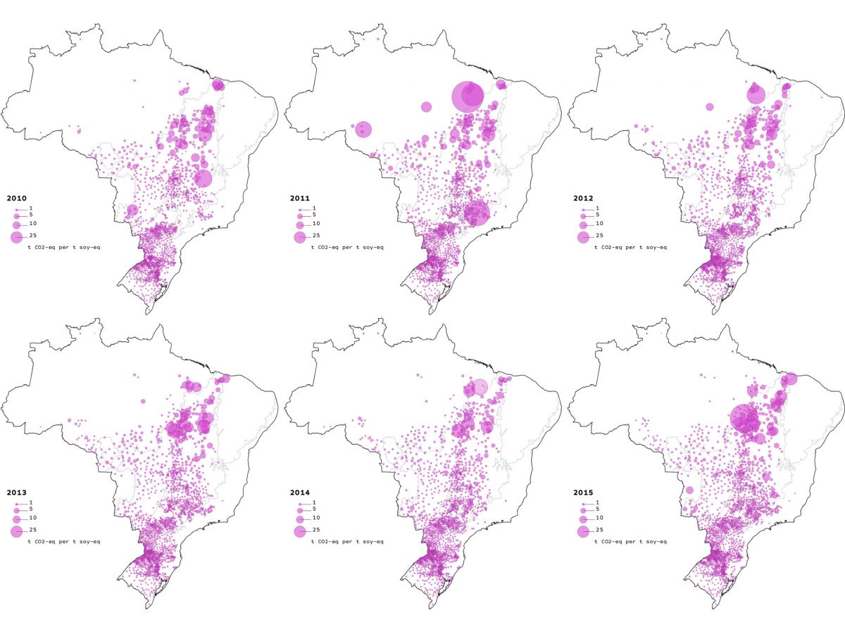Brasilien: Die Menge der durch Produktion, Verarbeitung und Export von Soja und Soja-Produkten entstehenden Treibhausgase hängt stark von Gemeinde zu Gemeinde ab und schwankt zudem von Jahr zu Jahr.
