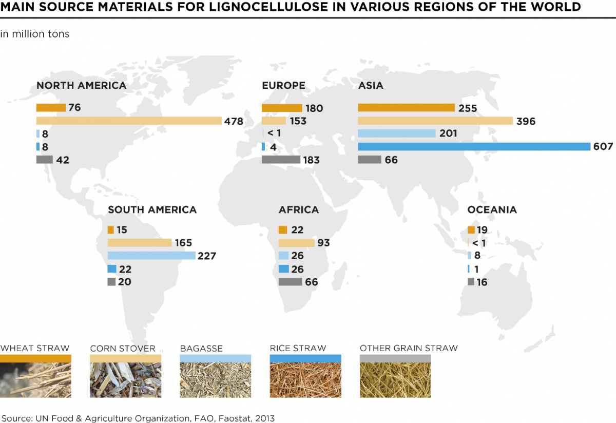 Hauptausgangsstoffe für Lignozellulose in verschiedenen Regionen der Welt. Während laut Zahlen der FAO in Europa Weizenstroh dominiert, fällt in Nordamerika hauptsächlich Maisstroh und in Asien Reisstroh an. (Abb.: © Clariant)