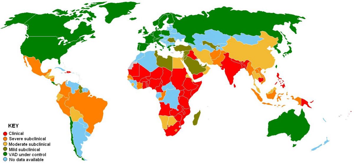Vitamin-A-Mangel weltweit: Die Farben verdeutlichen, welche Regionen wie stark betroffen sind. Rot zeigt, wo der Mangel klinische Auswirkungen hat; grün zeigt, dass der Mangel hier kein Problem darstellt. Die Daten stammen von der Weltgesundheitsorganisation von 1995.