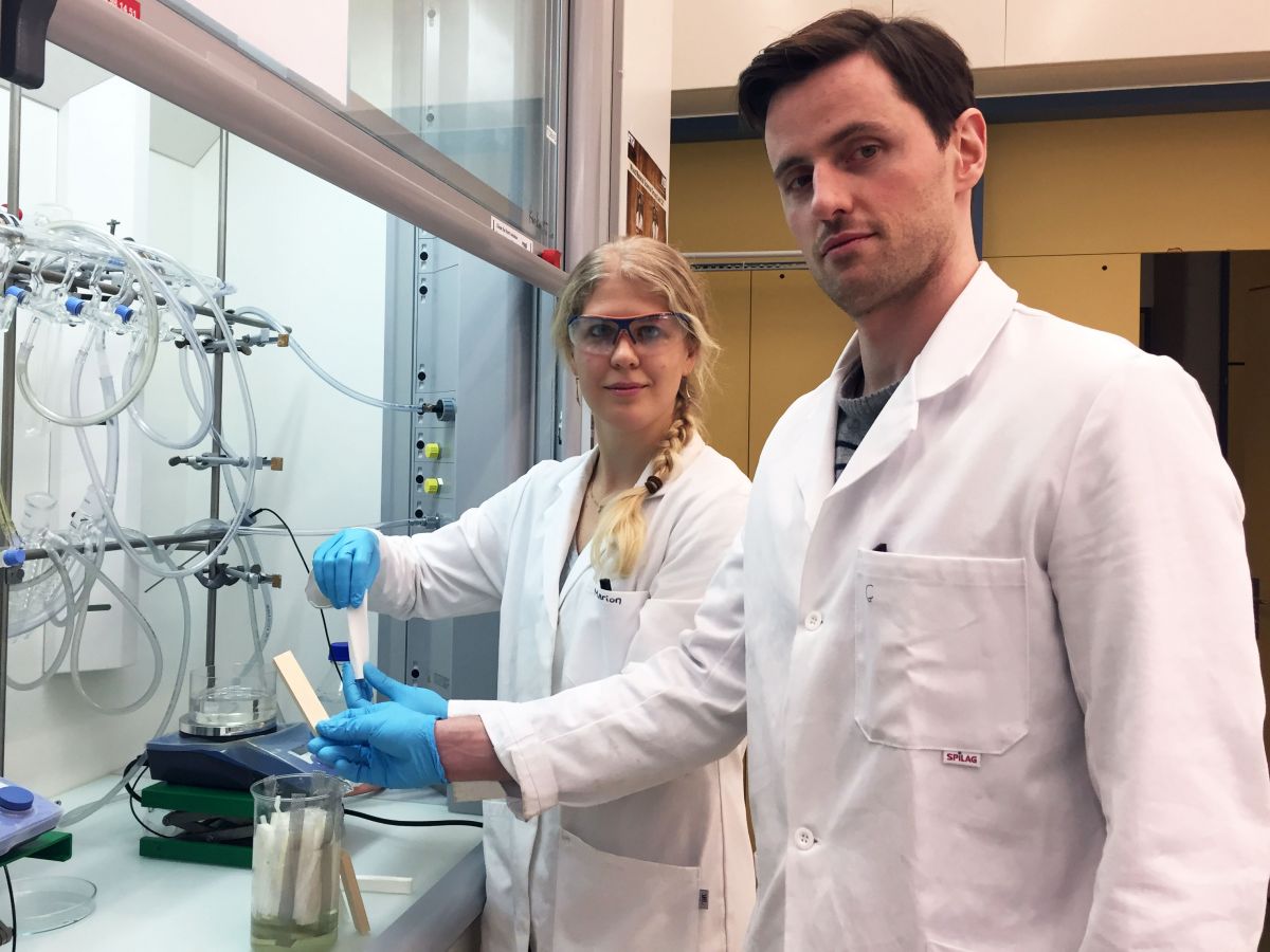 Marion Frey und Dr. Tobias Keplinger untersuchen das von Lignin befreite Cellulose-Gerüst.