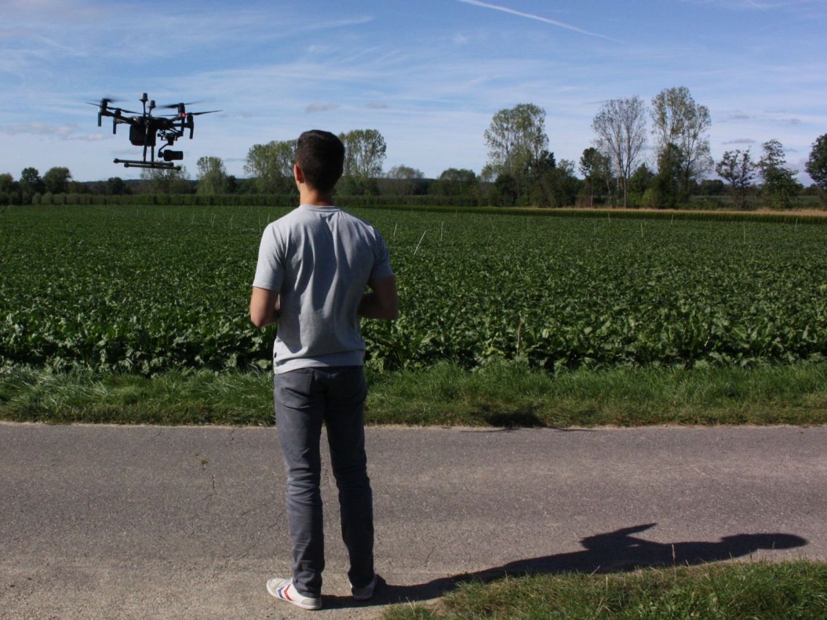 Im Rahmen des Exzellenzclusters „PhenoRob“ werden Felder aus der Luft sowie vom Boden aus überwacht. Hier steuert Doktorand Jan Weyler eine Forschungs-Drohne. (Bildquelle: © PhenoRob/Uni Bonn)