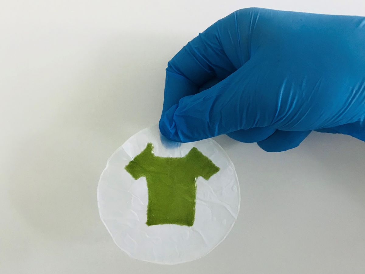 Ein Mini-T-Shirt zeigt die photosynthetischen lebenden Materialien, die im Labor mithilfe von 3D-Druckern hergestellt wurden. (Bildquelle: © University of Rochester photo)