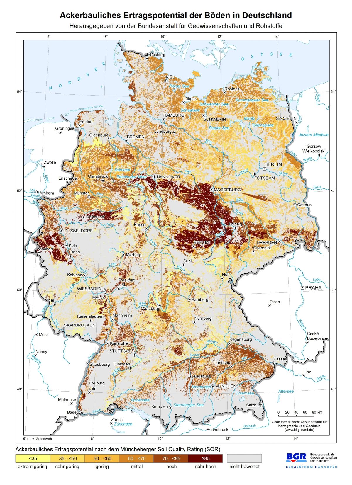 Die Bundesanstalt für Geowissenschaften und Rohstoffe (BGR) präsentiert erstmals eine bundesweit einheitliche Karte zur Bodengüte der Ackerstandorte in Deutschland.
